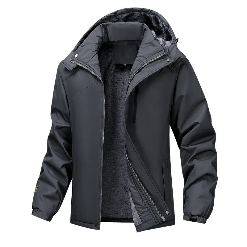 Plus size waterproof hooded coat for men in polyester, showing loose fit and hood design