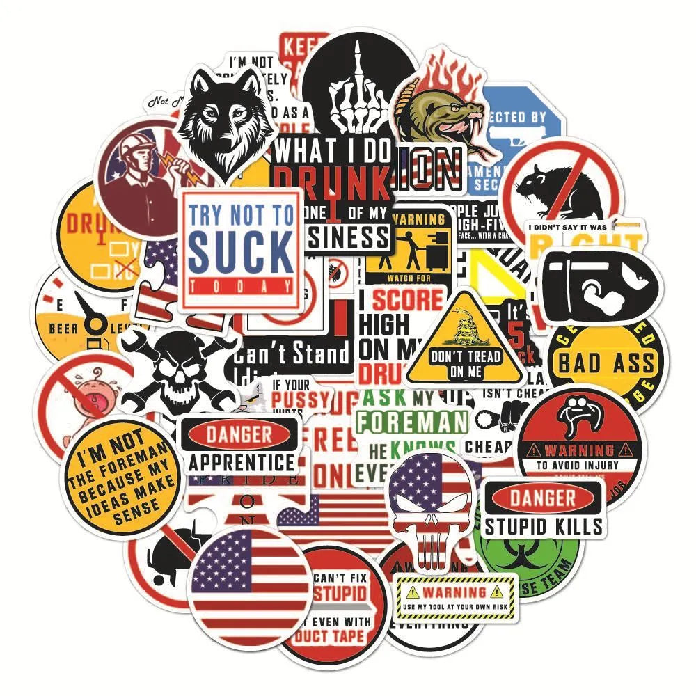 Waterproof warning stickers for motorcycle helmets with graffiti-style slogans on bright PVC material