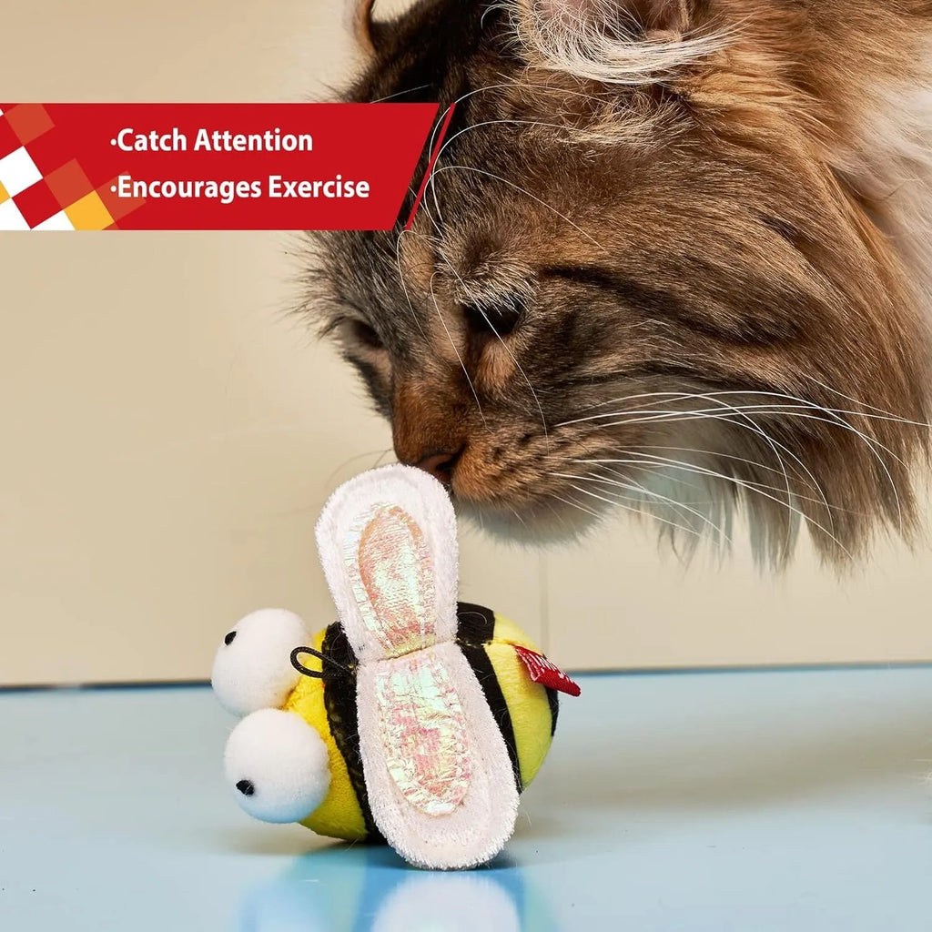Yellow bee-shaped flannelette cat toy that chirps when touched, for indoor play.