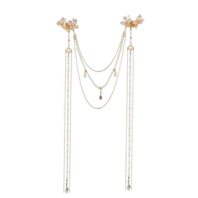 Gold tone acrylic hairpin with pearl diamond flowers and long tassel design