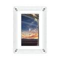5-inch transparent acrylic digital photo frame with IPS screen and anti-dumping bracket on a desktop