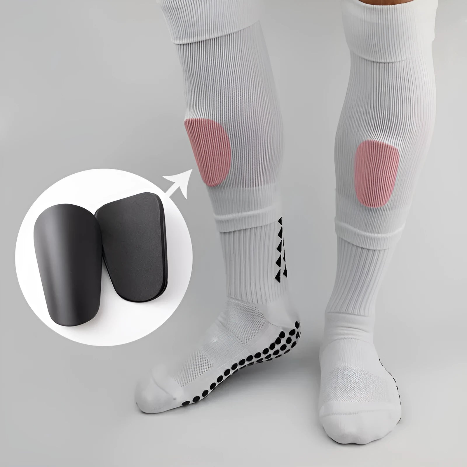 Two pairs of PU mini shin guards for sports protection in various colours on a white background.