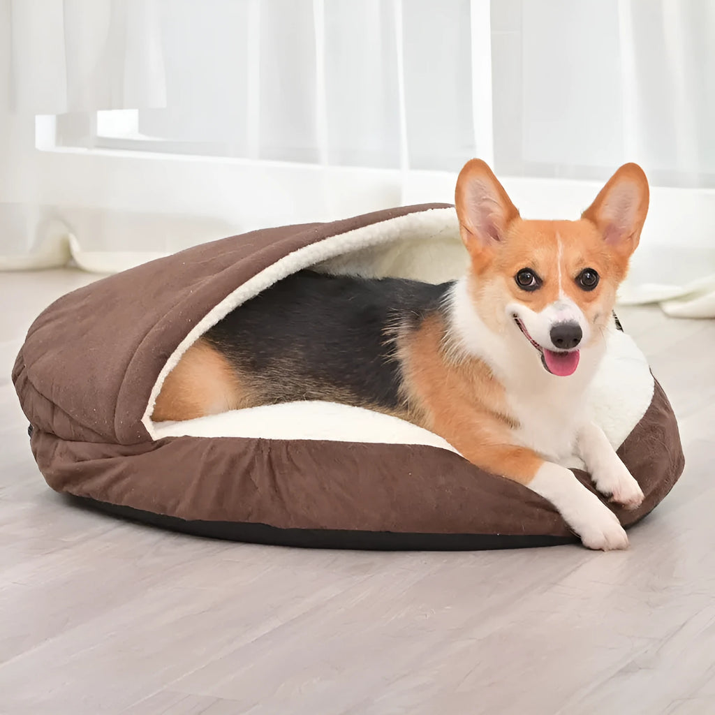 Brown cloth dog kennel with removable, washable fabric shown next to a grey version in a smaller size.