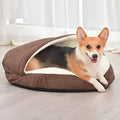 Brown cloth dog kennel with removable, washable fabric shown next to a grey version in a smaller size.