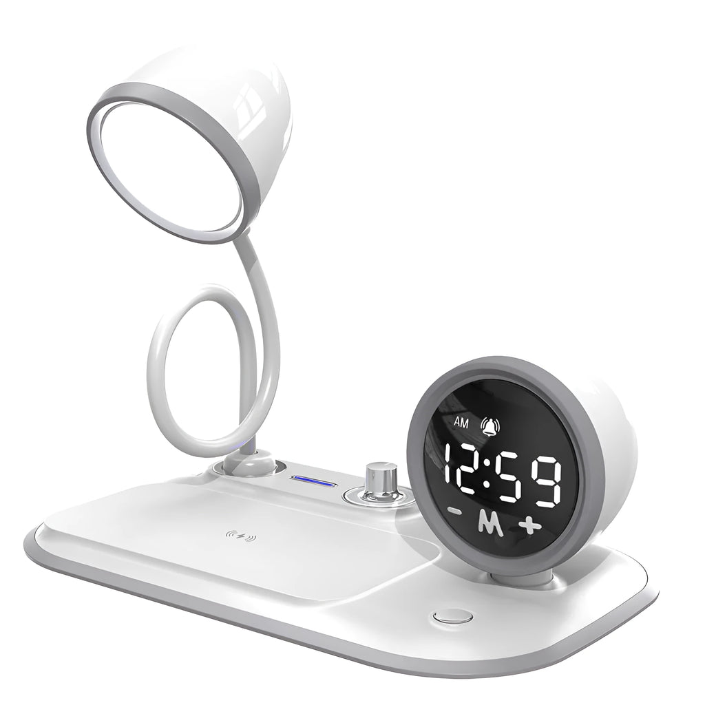 White three-in-one desk lamp with integrated digital clock and wireless charging pad on wooden desktop