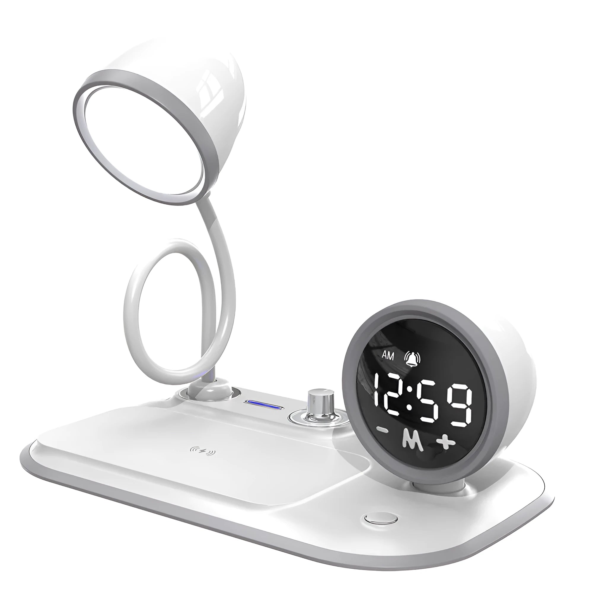 White three-in-one desk lamp with integrated digital clock and wireless charging pad on wooden desktop