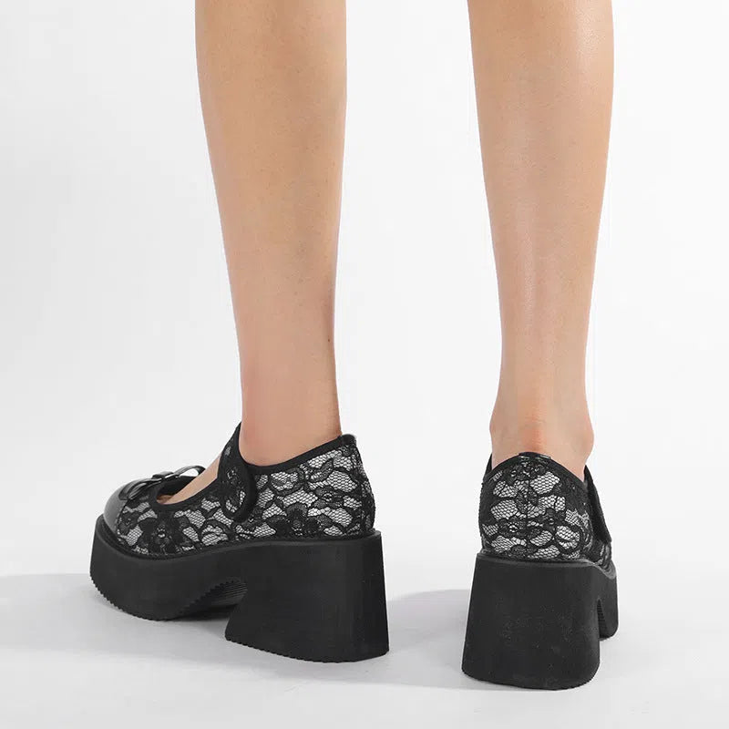 Black waterproof platform Mary Jane shoes with chunky 6–8 cm heel, mesh upper, Velcro straps, and round toe