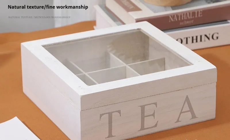 White wooden multi-grid storage box with transparent cover, 23 x 23 x 10 cm, for coffee pods and desktop organisation