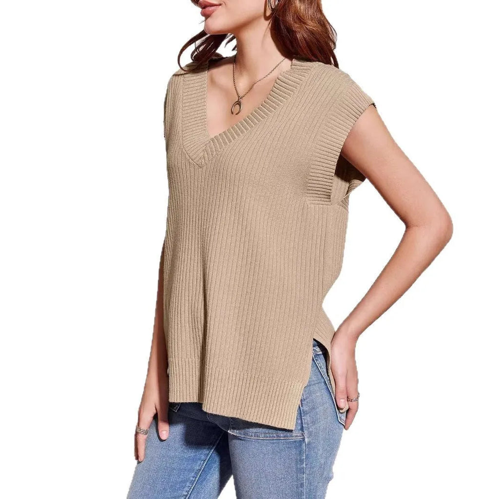 Women's camel coloured V-neck sleeveless vest with loose fit and fold detailing