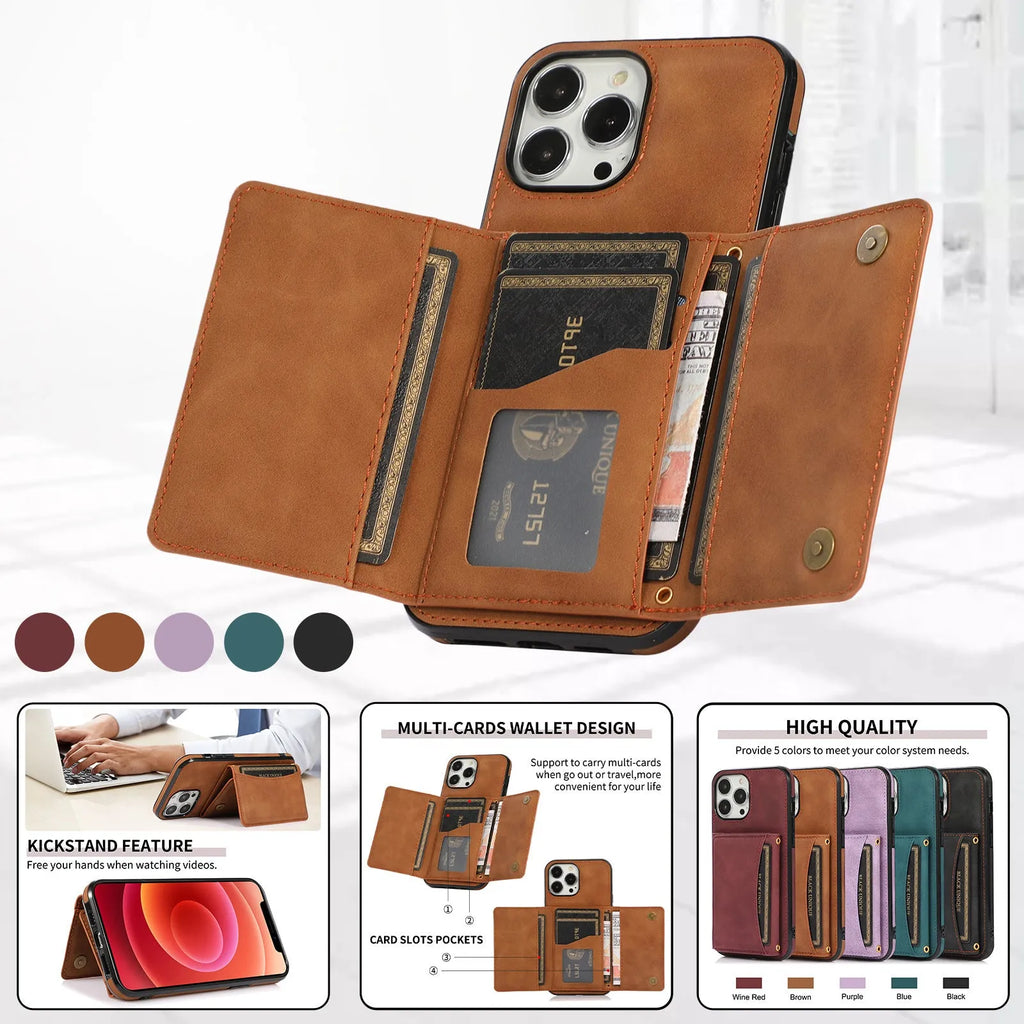 Tri-fold PU leather wallet iPhone case with card sleeve, shown in black, purple, retro red, blue and brown.