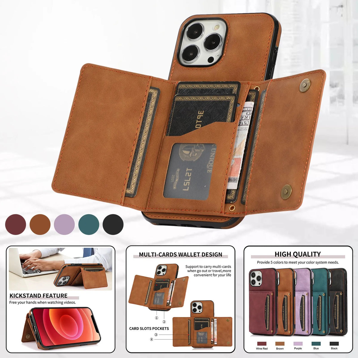 Tri-fold PU leather wallet iPhone case with card sleeve, shown in black, purple, retro red, blue and brown.