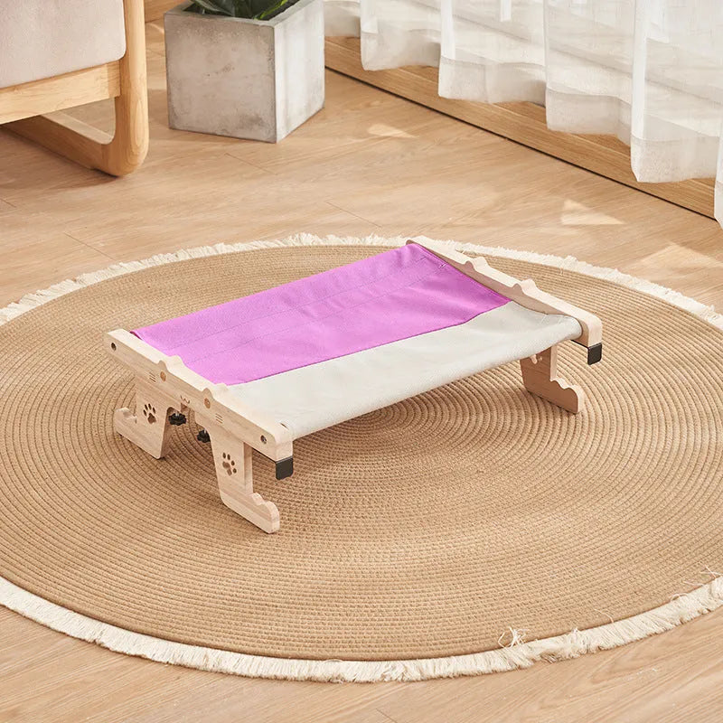 Wooden frame cat hanging bed hammock mounted on balcony railing