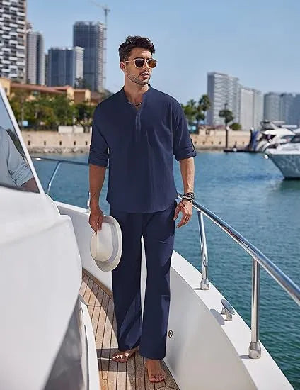 Men's solid colour cotton casual suit with long sleeve top and trousers in beige, black, green, navy, sky blue or white
