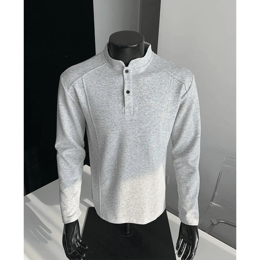 Men's grey asymmetric patchwork polo shirt with a stand-up collar, long sleeves, and a loose fit.