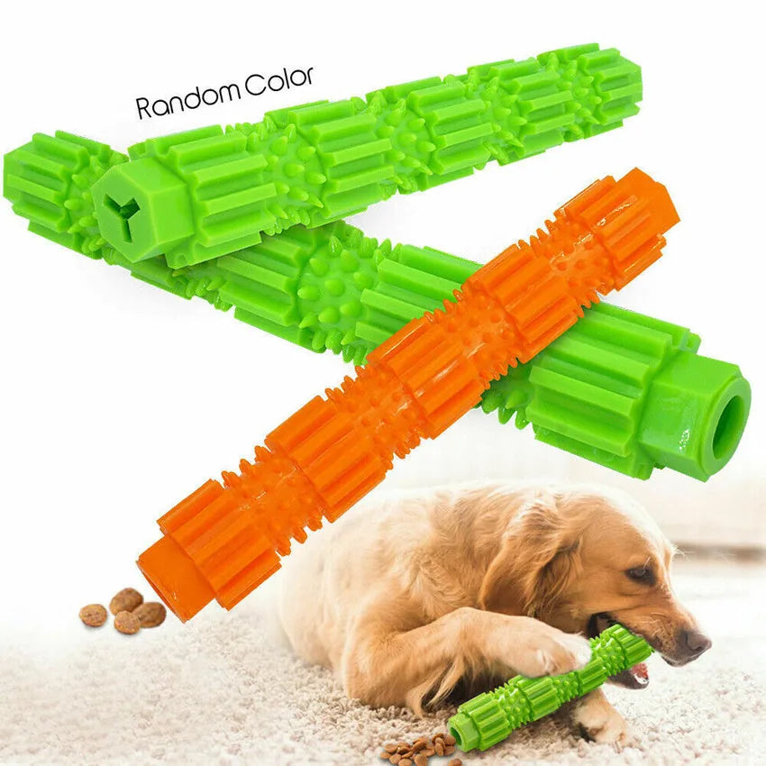Green or orange rubber dog chew toy with treat dispenser for aggressive chewers