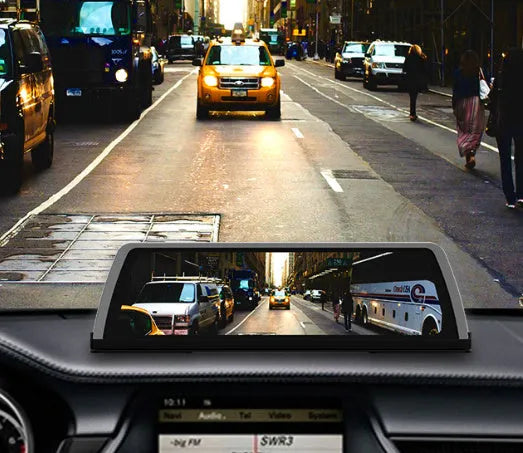 10-inch black plastic smart navigation driving recorder with touch screen, GPS, Bluetooth, front and rear video and car plug.