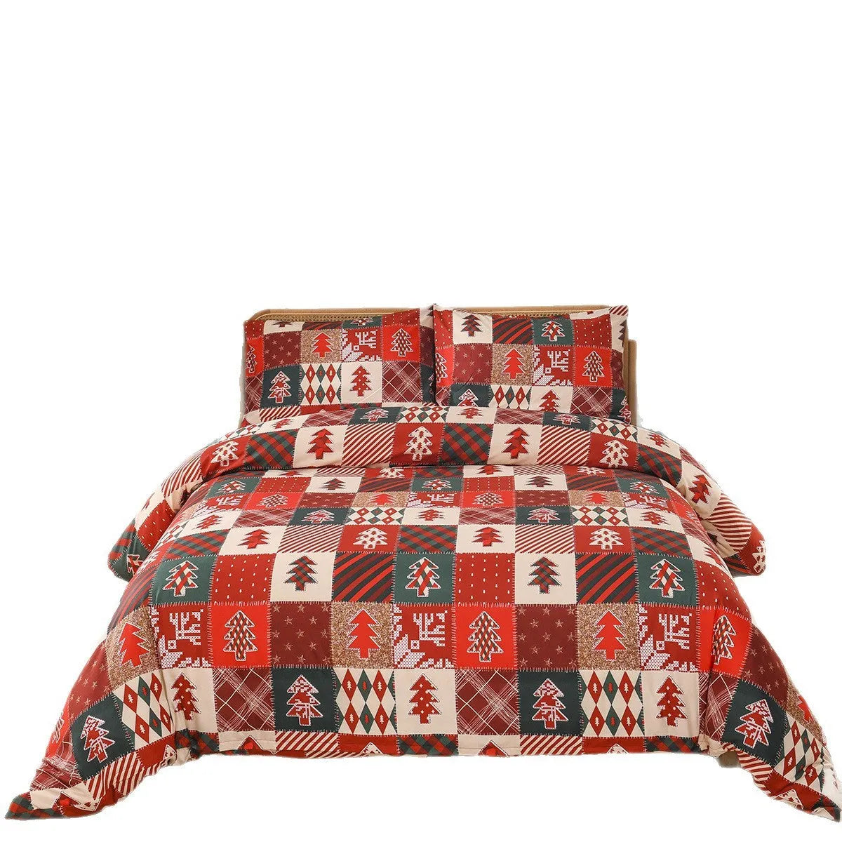 Christmas red plaid pattern three-piece bedding set on bed with European bed cover-style design