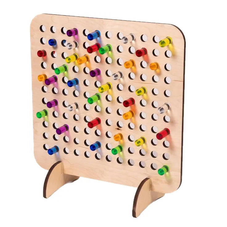 Montessori wooden wire-wrap board with 100 light guide rods in six colours for children aged 3-6