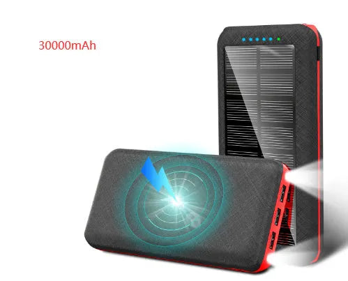 Solar power bank with wireless charging surface, three USB ports, and LED flashlight in black colour