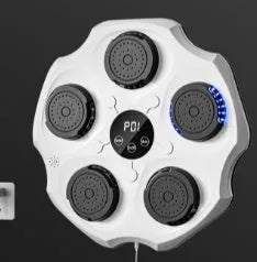 Black Bluetooth boxing wall target with glowing lights, mounted on a wall next to boxing gloves.