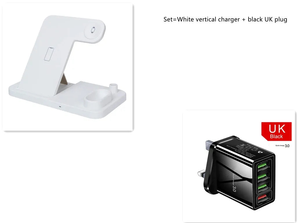 4-in-1 wireless charging dock showing iPhone, Apple Watch, AirPods and Apple Pencil charging simultaneously on adjustable stand.