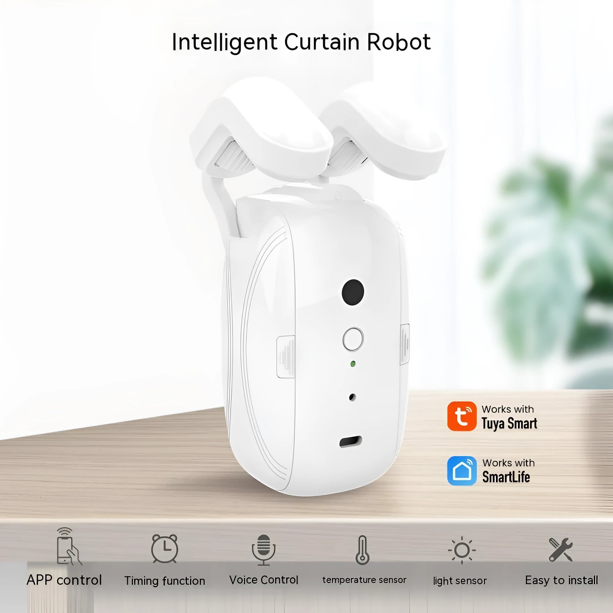 White WiFi smart curtain robot for Roman rod rails with 4000mAh battery and USB charging