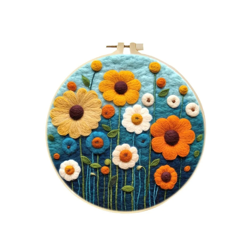 Round fabric embroidery kit with linen square, wool felt, and embroidery frame for handmade decorations.