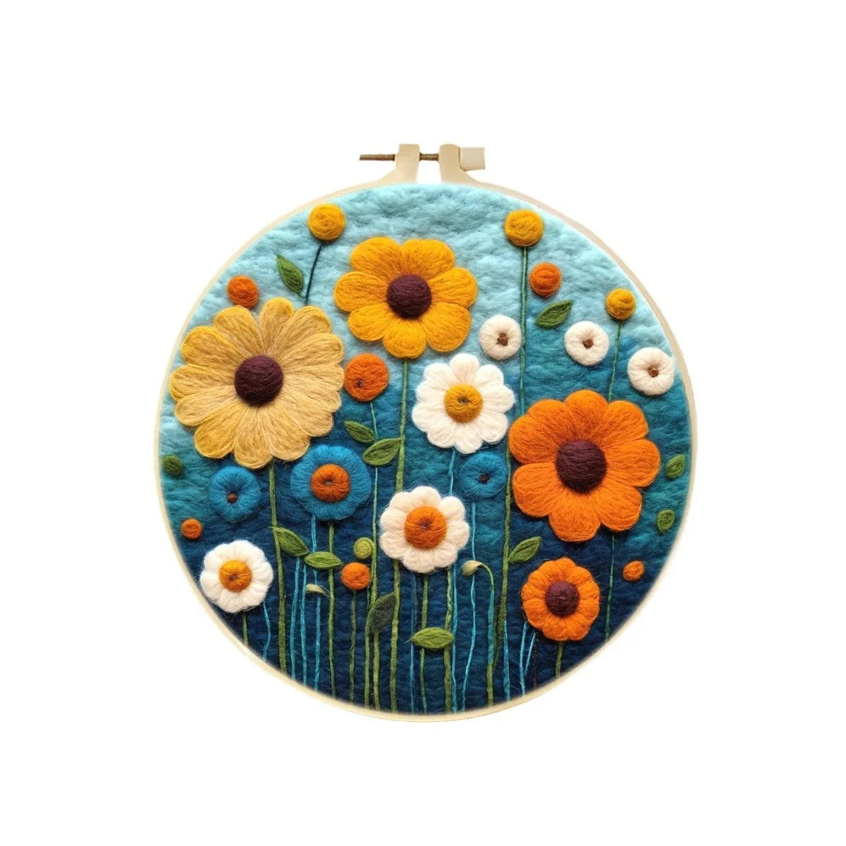 Round fabric embroidery kit with linen square, wool felt, and embroidery frame for handmade decorations.