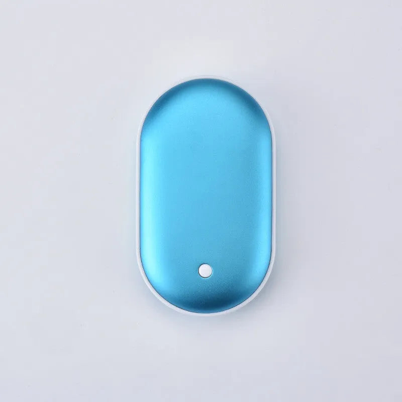Rechargeable mini hand warmer and power bank device showing various colour options including rose gold and sky blue