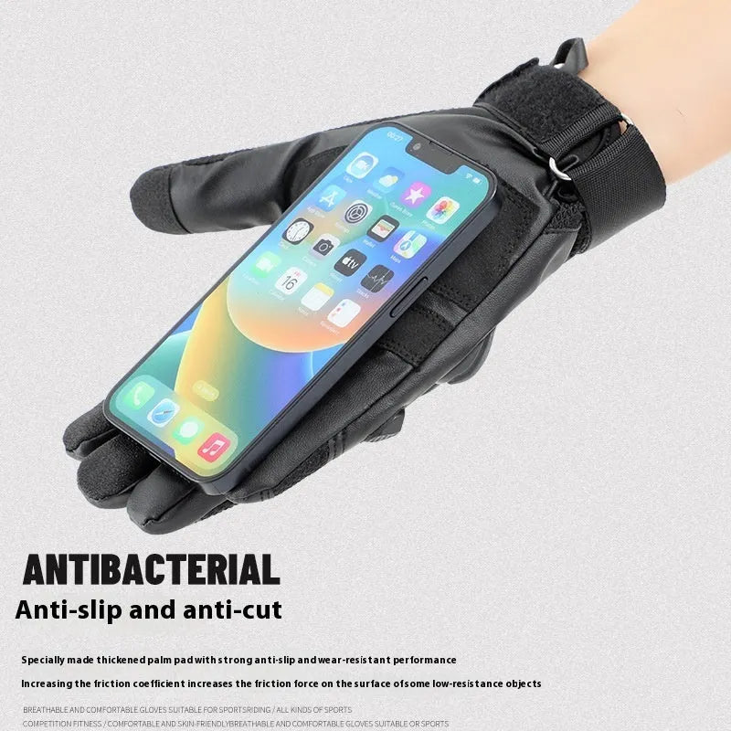 Men's black full finger tactical gloves with touch screen-compatible fingertips on a hand.