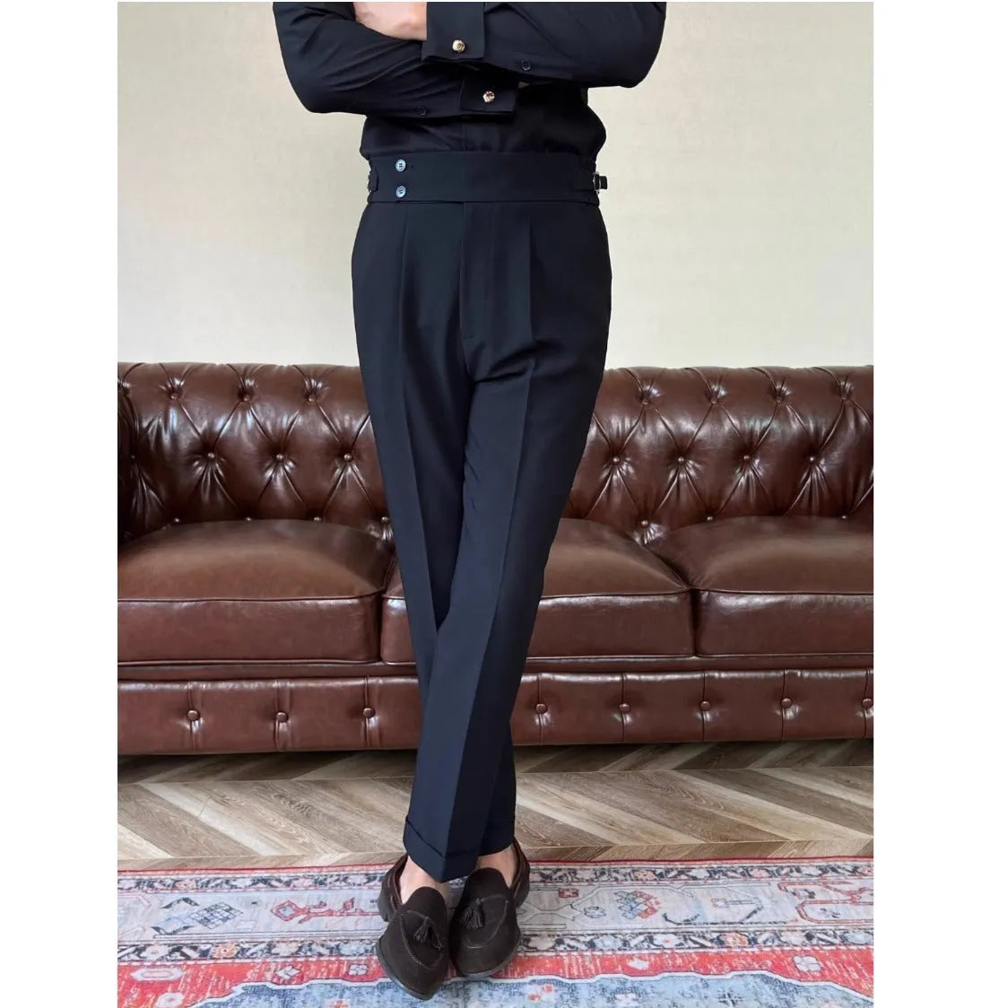 Men's high-waisted straight-leg trousers in black, white, and dark gray polyester blend fabric