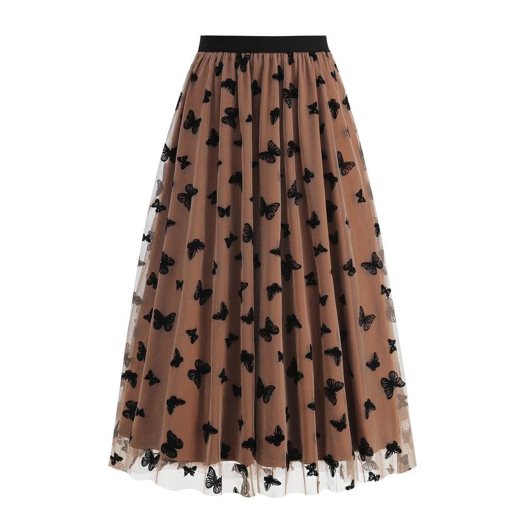 High waist mesh big hem skirt for women with butterfly embroidery in khaki colour
