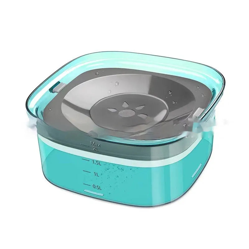 Transparent 2 litre dog water bowl with floating disk and visible water level
