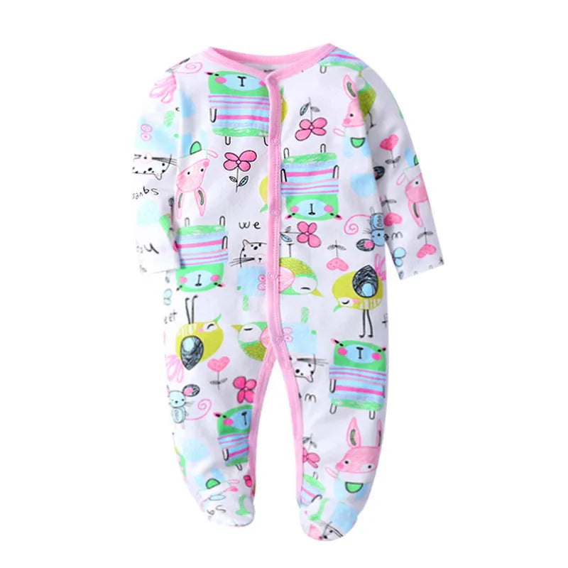 Soft cotton baby one-piece bodysuit in blue and green dinosaur print, size 6M, front view on white background