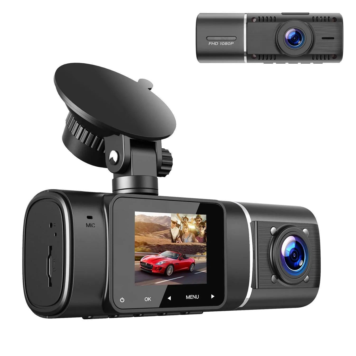 Black dual-lens dashboard camera with 1.5-inch screen mounted on car windscreen suction stand.
