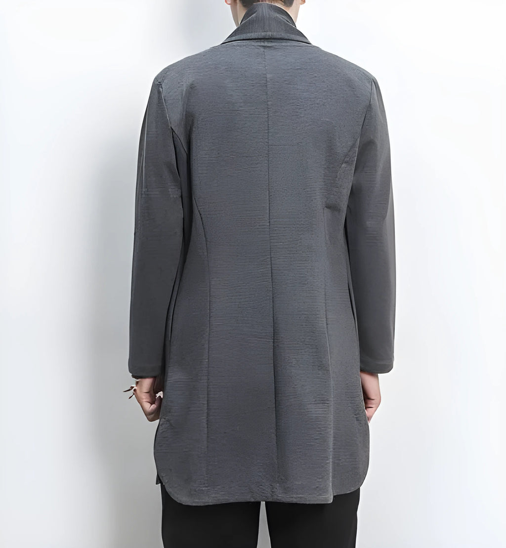 Men's casual linen blend cardigan in dark gray, loose fit with lapel collar, front view