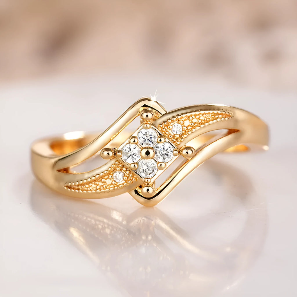Copper diamond geometric women's ring with micro inlaid zircon details in yellow gold finish
