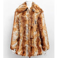 Women's slim-fit faux fur jacket with a bold tiger pattern, shown in a medium length.