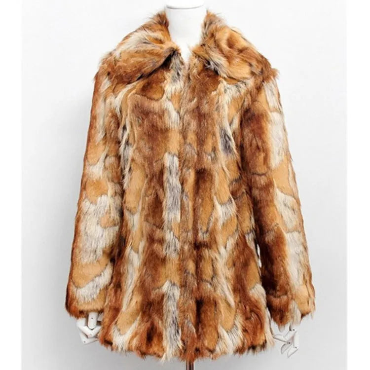 Women's slim-fit faux fur jacket with a bold tiger pattern, shown in a medium length.