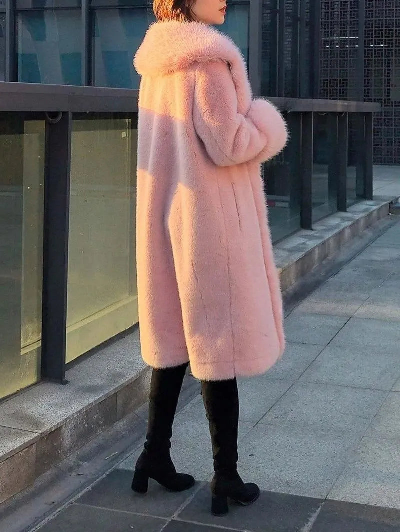 Women's thick grey faux rabbit fur mid-length coat with a collar on a hanger