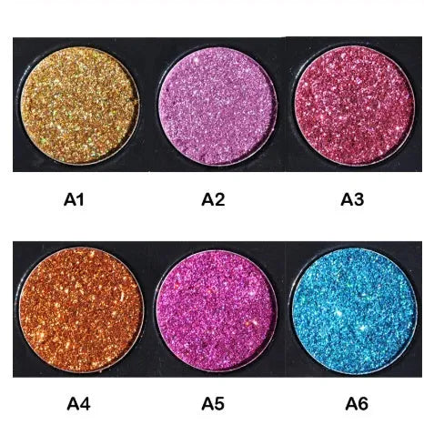 Sequin eye shadow tray with six colours, 10 cm by 7.8 cm by 0.9 cm compact palette