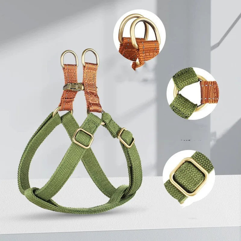 Brown vest-style anti-loss dog leash on mannequin showing cotton construction and alloy fastener