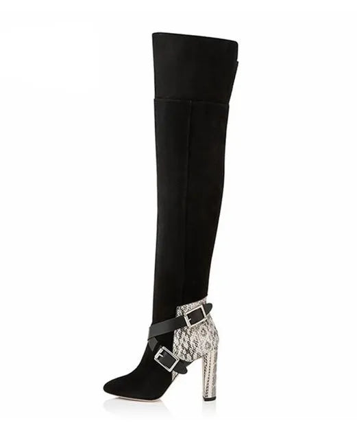 Black suede women's fashion boots with round toe, thick heel, rubber sole, and 8cm or more heel height.