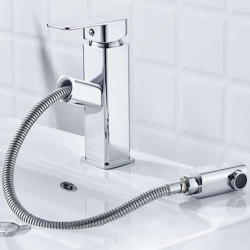 Brushed gold square pull faucet with brass construction and pull-out spout for kitchen sink hot and cold water