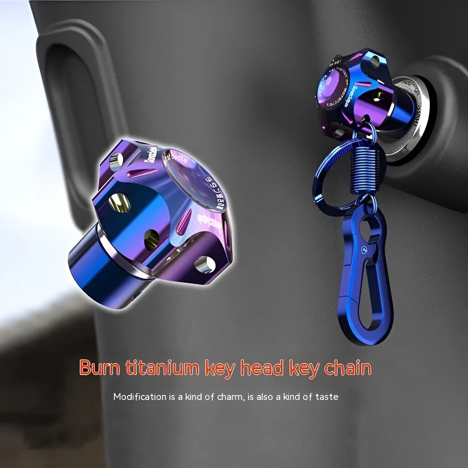 Motorcycle key head cover in T6 aluminium alloy showing hexagonal, pentagram, and plum blossom design options.