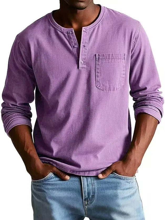 Men's V-neck long-sleeved t-shirt with button design in solid colour, front view showing polyester fibre fabric