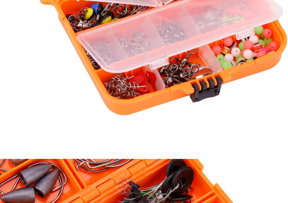 Weihe orange or black ABS plastic box open to show organised compartments filled with 257 fishing hooks and lure accessories.