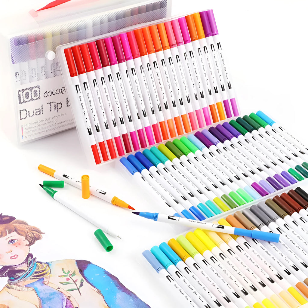 Set of watercolour pens in a case, available in 48, 60, 72, or 100 colour options for artists and crafters.