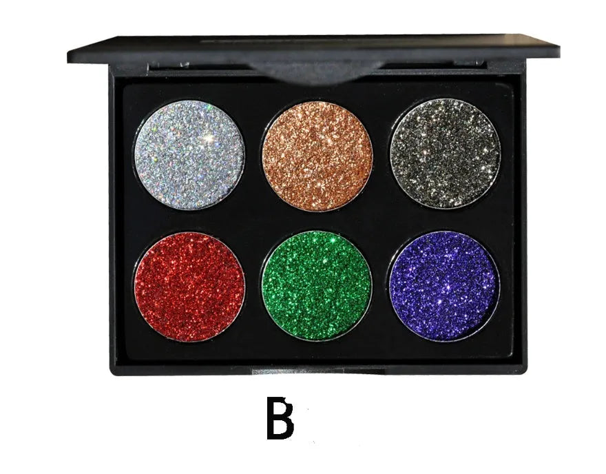Sequin eye shadow tray with six colours, 10 cm by 7.8 cm by 0.9 cm compact palette