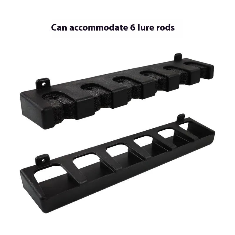 Black ABS plastic wall-mounted fishing rod holder shown in upright and horizontal styles.